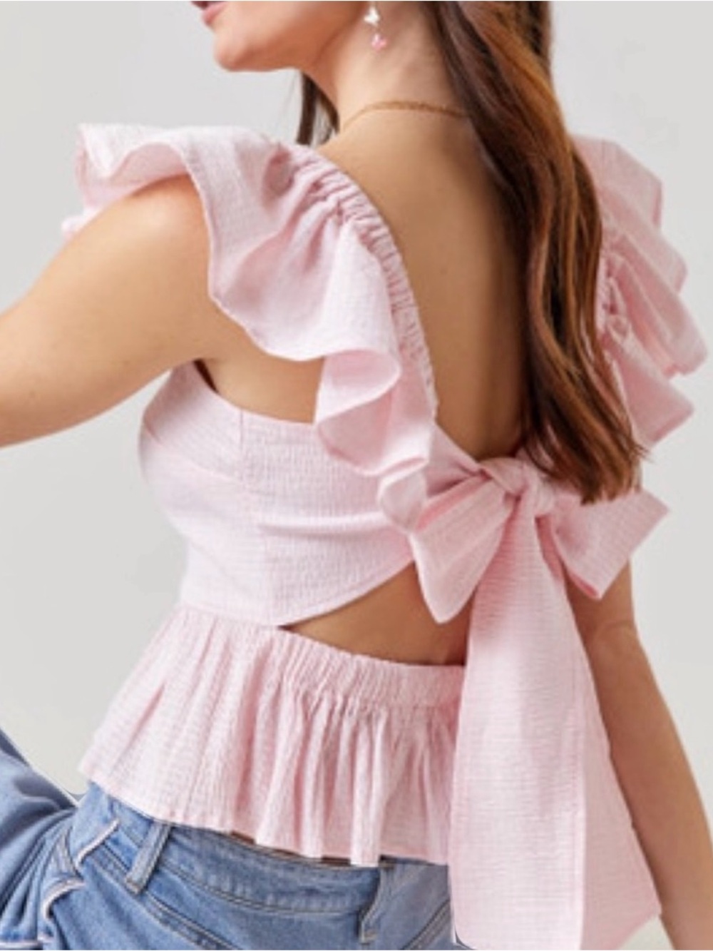 NWT Francesca's Pink Open Back Bow Peplum Top Ruffle Sleeve Size Large